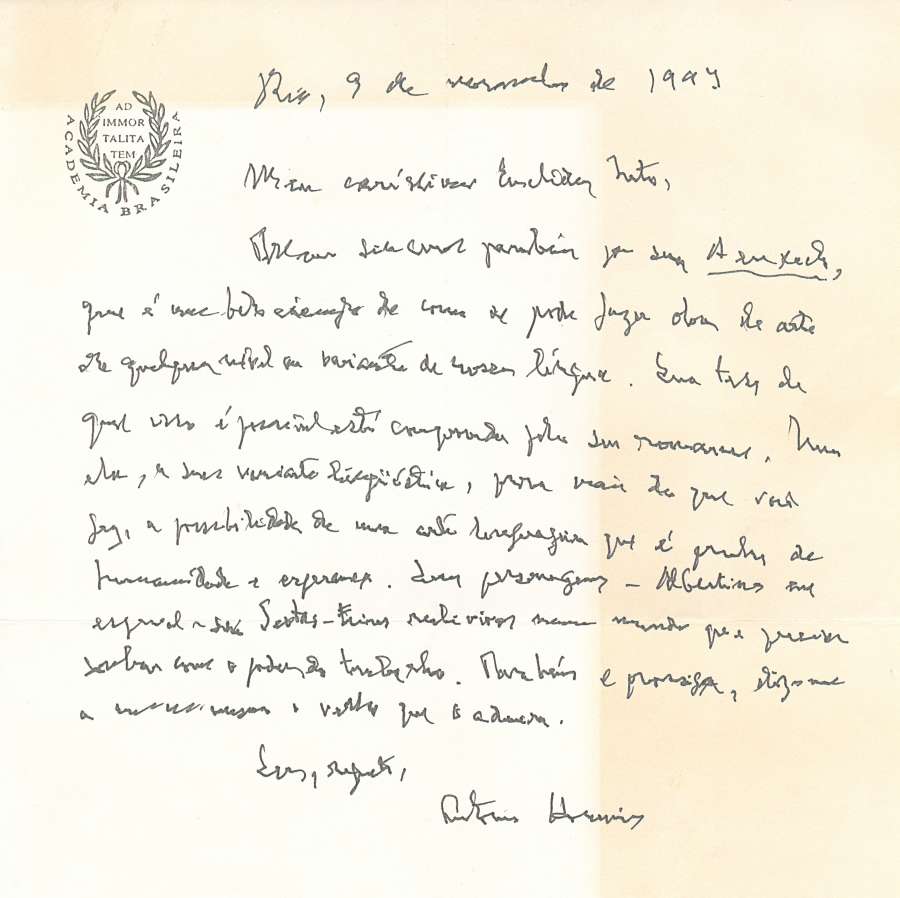 Carta de Houaiss para Euclides Neto sobre o livro A Enxada.